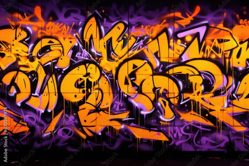 Brick Wall Orange Purple Neon Light Graffiti Vibrant Background Generative AI