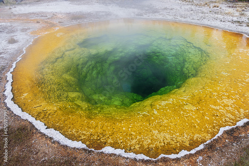 The colorful Morning Glory Pool in the Upper Geyser Basin in Yellowstone National Park