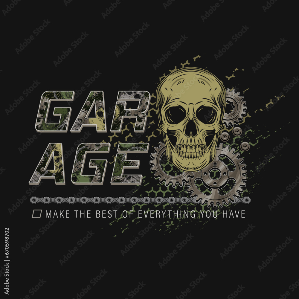 Khaki green camouflage label with human skull, gears, bike chain, rivets. Dark scary gothic illustration in steampunk style. For apparel, fabric, textile, sport goods. Not AI