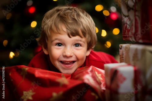 A bright-eyed child filled with anticipation and joy, eagerly peeking into a colorful Christmas gift bag under a beautifully decorated tree