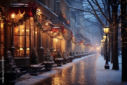 A Serene Morning in the City: Fresh Snowfall Blanketing the Streets at Dawn, Illuminated by the Soft Glow of Christmas Lights © aicandy
