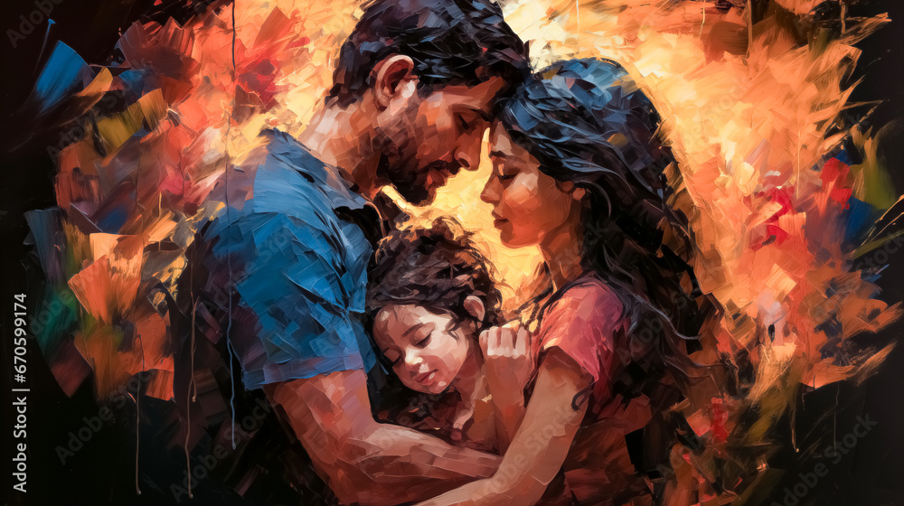 Digital painting of a loving family in front of a colorful background. Young happy family with a child in their arms. Digital painting. Digital painting of a loving family in front of a colorful background. Young happy family with a child in their arms. Digital painting.