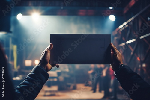 cameraman hand hold clapperboard in the studio photo