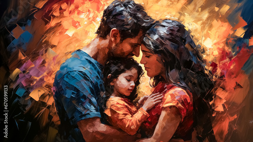 Digital painting of a loving family in front of a colorful background. Young happy family with a child in their arms. Digital painting. © korkut82