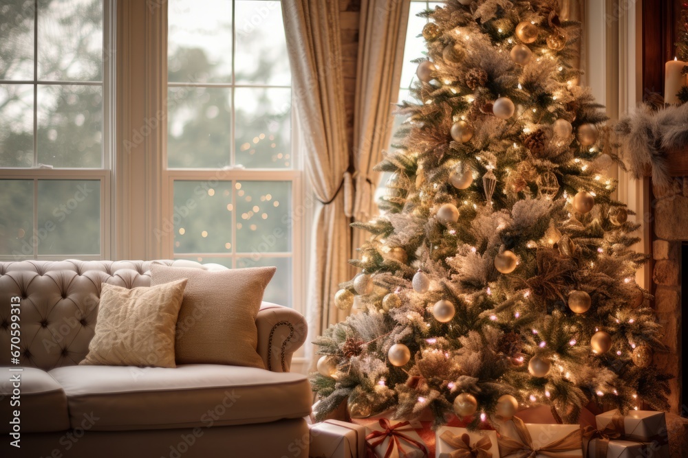 A beautifully decorated Christmas tree with a radiant star-shaped lighting tree topper, spreading warmth and holiday cheer in a cozy living room A beautifully decorated Christmas tree with a radiant star-shaped lighting tree topper, spreading warmth and holiday cheer in a cozy living room
