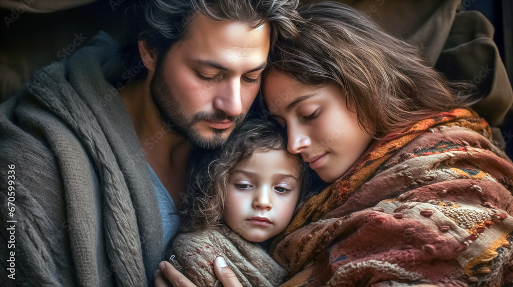 A young family is wrapped in a warm blanket. A man and a woman hug each other. Young family in a blanket. Father, mother and daughter in warm clothes. 