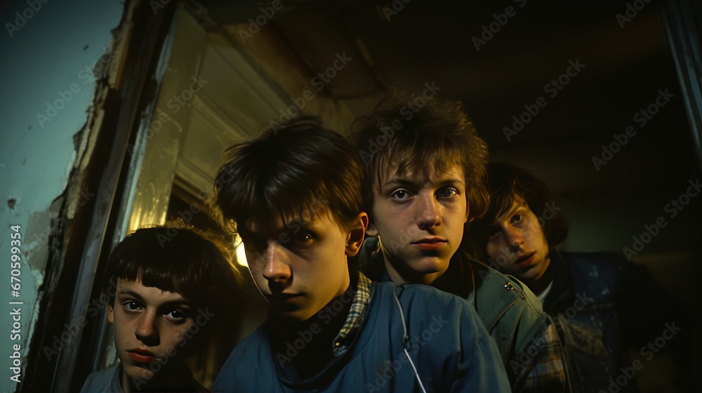 A youth gang from the 1980s in a city tenement off Full Moon Road.