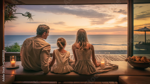 Happy family sitting on the terrace with sea view at sunset.