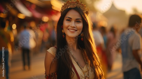 A beautiful young woman in Burmese national costume stands and smiles looking at the camera. photo