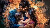 Digital painting of a loving family in front of a colorful background. Young happy family with a child in their arms. Digital painting.
