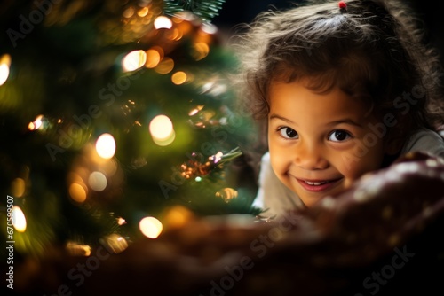 A Curious Child Peeping from Behind the Decorated Christmas Tree, Filled with Sparkling Lights and Colorful Ornaments