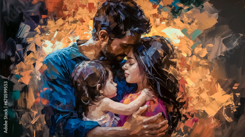 Digital painting of a loving family in front of a colorful background. Young happy family with a child in their arms. Digital painting.