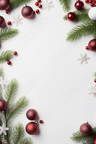 Fir branches and red Christmas balls of different sizes are placed on a white background