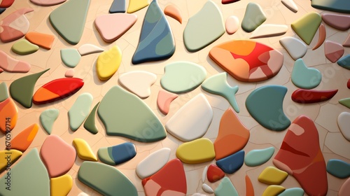 an abstract terrazzo tile pattern with a mix of vibrant colors and irregular shapes for a playful, artistic touch.