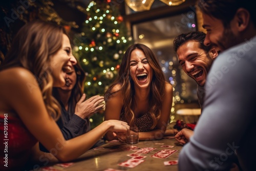A group of friends engrossed in a board game, eagerly anticipating the New Year's countdown amidst laughter and camaraderie