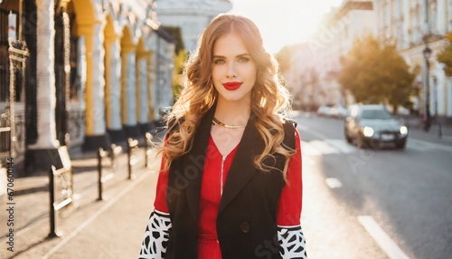 Elegant young woman with brown wavy hair red lips eyeliner dark dress jacket and stylish black accessories walking on street at summer autumn and looking straight to camera