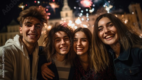 A group of smiling students look at the camera to celebrate the new year happily. In the background is a college building with colorful fireworks.