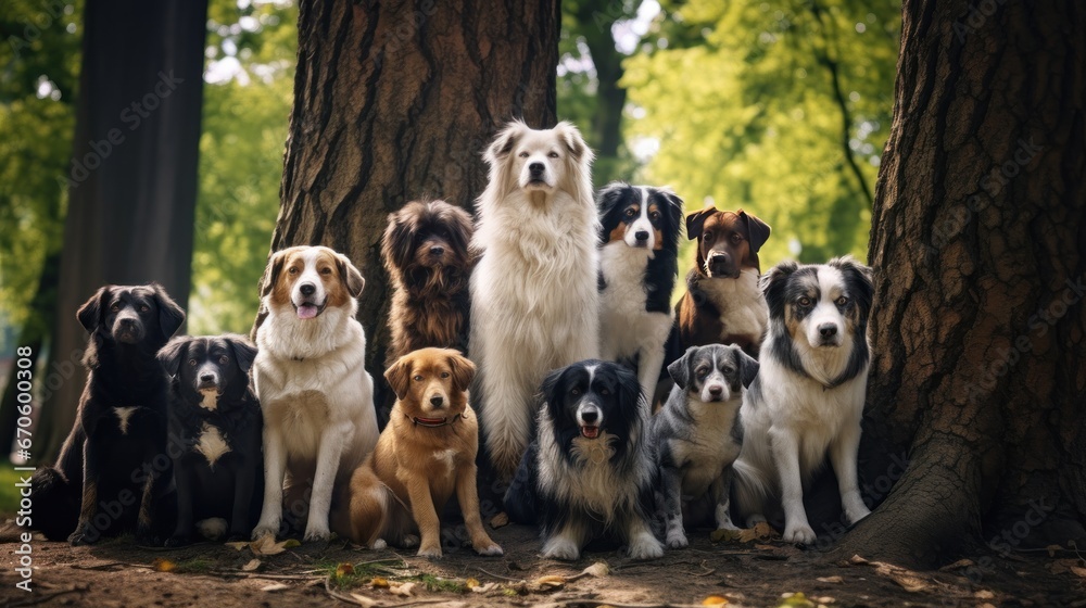 A number of well-dressed dogs stand under a large tree and look at the camera.