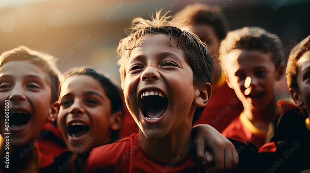 A team of cheerful children's soccer players joyfully celebrate their victory on the sports field. A team of cheerful children's soccer players joyfully celebrate their victory on the sports field.