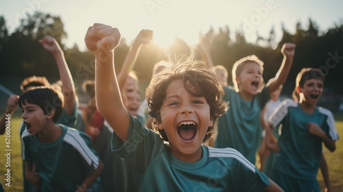 A team of cheerful children's soccer players joyfully celebrate their victory on the sports field.