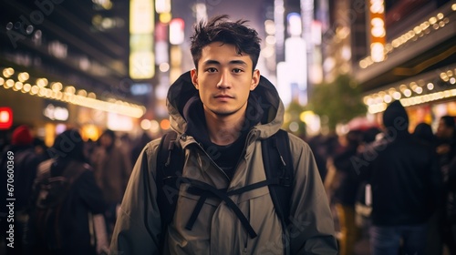 A young Asian man stands looking at the camera on a rainy night.