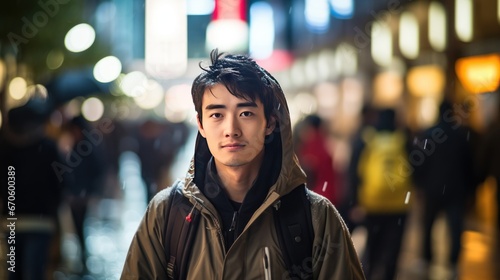 A young Asian man stands looking at the camera on a rainy night.
