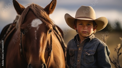 A young cowboy wearing a hat and a horse stands looking at the camera