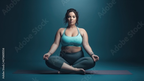 Big fat girl doing solo yoga on a blue background gym at home