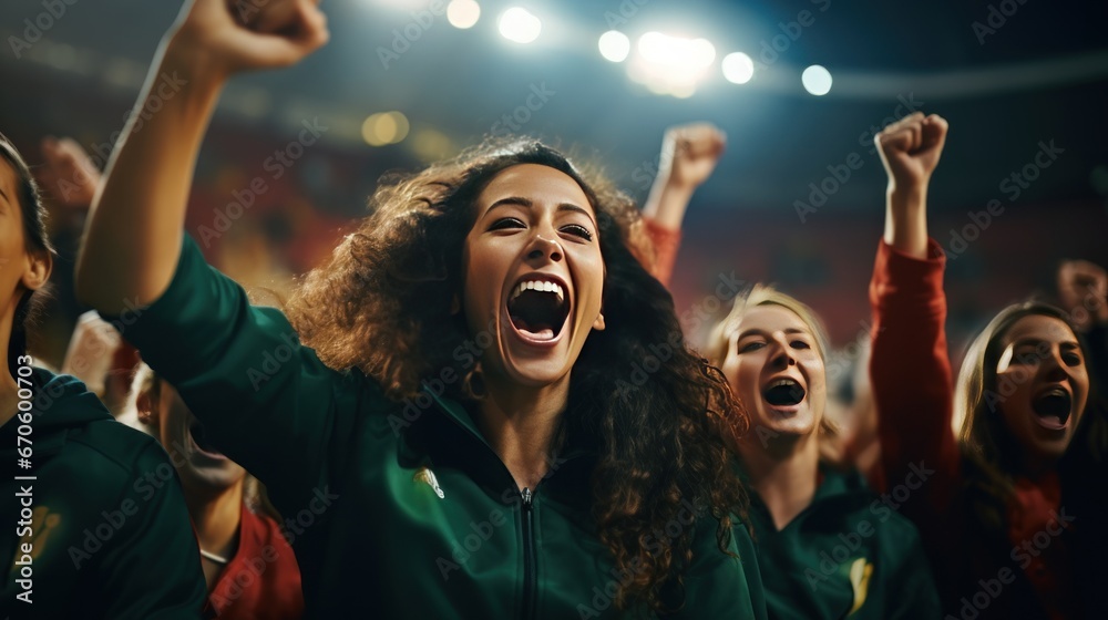 A cheerful women's soccer team shouts their victory with joy on the field. A cheerful women's soccer team shouts their victory with joy on the field.