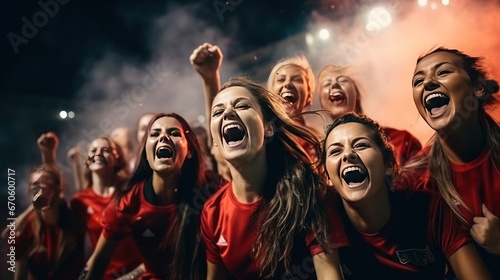 A cheerful women's soccer team shouts their victory with joy on the field.