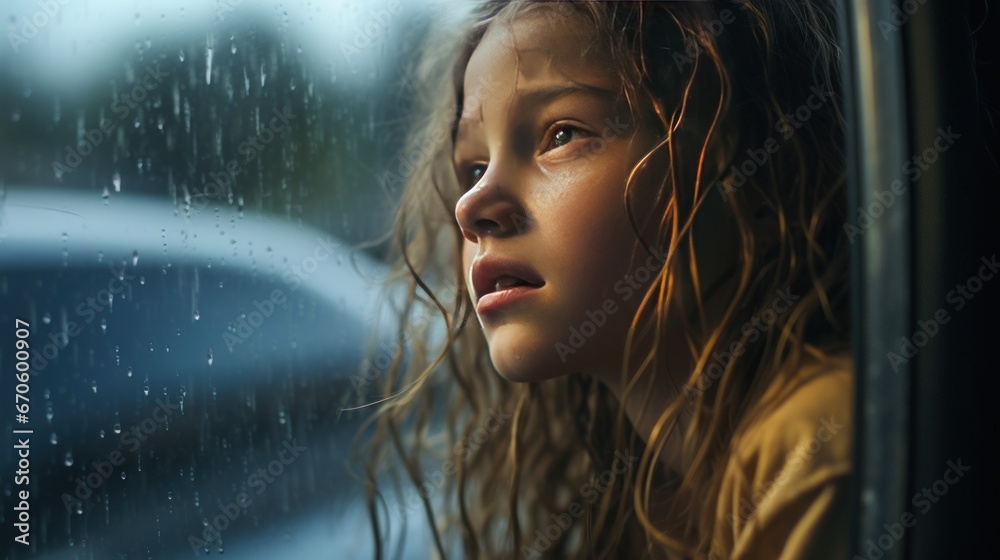 Girl crying in the car and looking out the window, wet from the rain