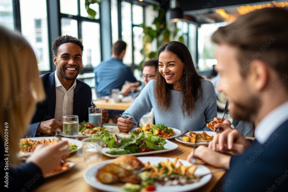 A Joyous Gathering of Colleagues Celebrating the New Year with a Festive Lunch in the Office, Sharing Laughter and Good Food