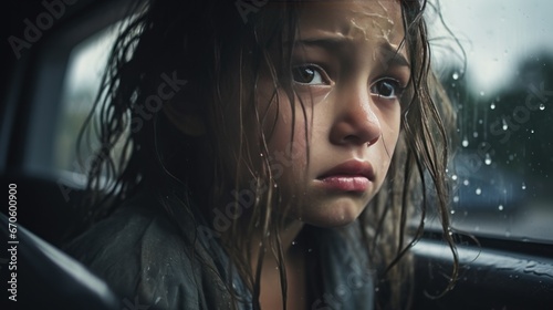 Girl crying in the car and looking out the window, wet from the rain photo