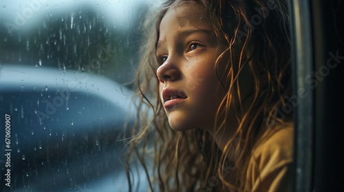 Girl crying in the car and looking out the window, wet from the rain