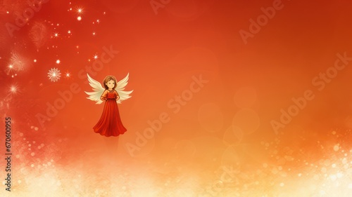 Smiling christmas angel standing on a red christmas background with stars situated in the left corner of the image with lots of copy space on the right created with Generative AI