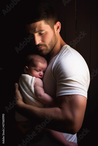 A father lovingly holds her newborn baby. in your arms