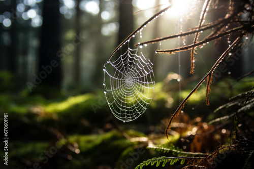 Close-up of a dewdrop on a spiderweb in a morning forest