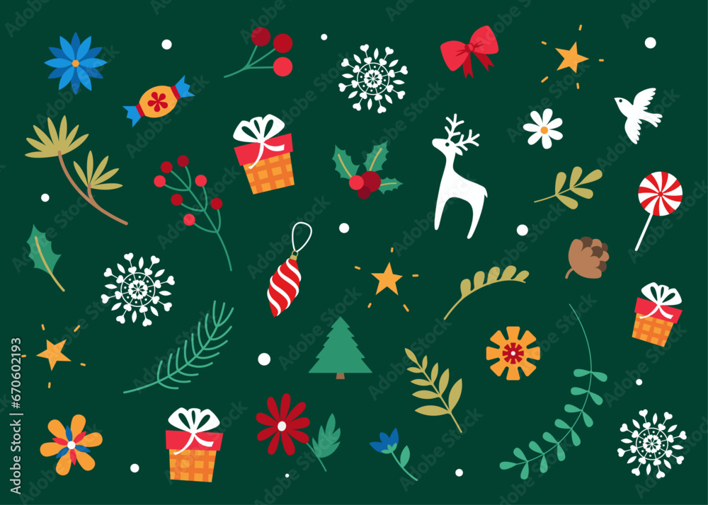 Christmas holiday background with deer, dove, fir trees, branches, flowers, sweets, Christmas tree decorations, gifts, snowflakes, stars in vector. Flat style. Festive texture. Christmas holiday background with deer, dove, fir trees, branches, flowers, sweets, Christmas tree decorations, gifts, snowflakes, stars in vector. Flat style. Festive texture.