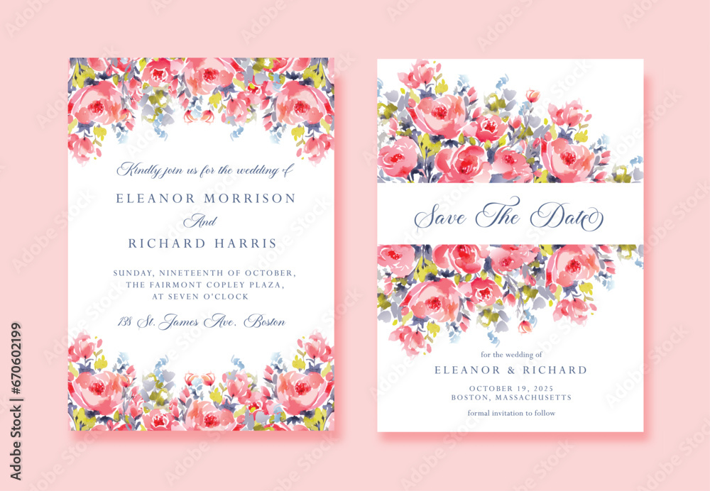 Watercolor Pink Wedding invitation with wild flowers and Save The Date cards, vector template.