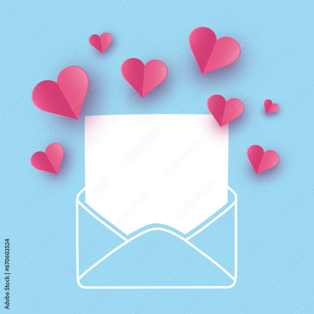 Paper cut hearts with envelope. Concept of a love message. Design for Valentine’s Day. Vector illustration
