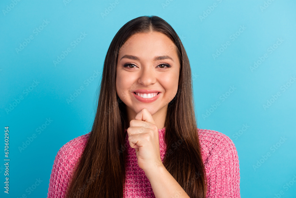 Fototapeta premium Closeup photo of amazing short hairdo lady looking up empty space deep thinking creative person arm on chin isolated blue background