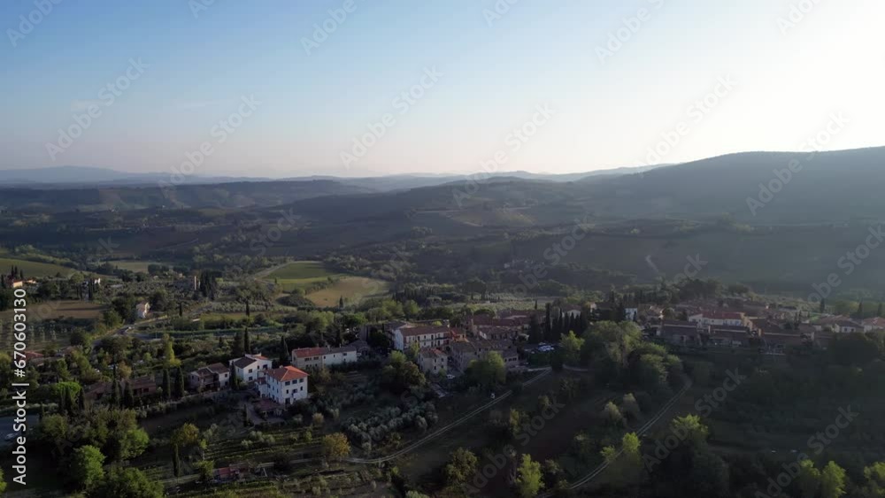 Great aerial top view flight drone San Gimignano hill Town sunset Tuscany Italy Great aerial top view flight drone San Gimignano hill Town sunset Tuscany Italy