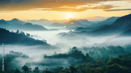 Deep tropical forest  mountains  sea of mist  morning sunrise  natural light.
