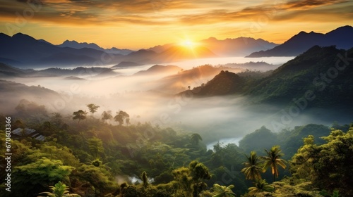 Deep tropical forest, mountains, sea of mist, morning sunrise, natural light.