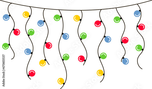 vector holiday lights hanging. template with christmas lights. cartoon multicolor new year garland. birthday party decoration 