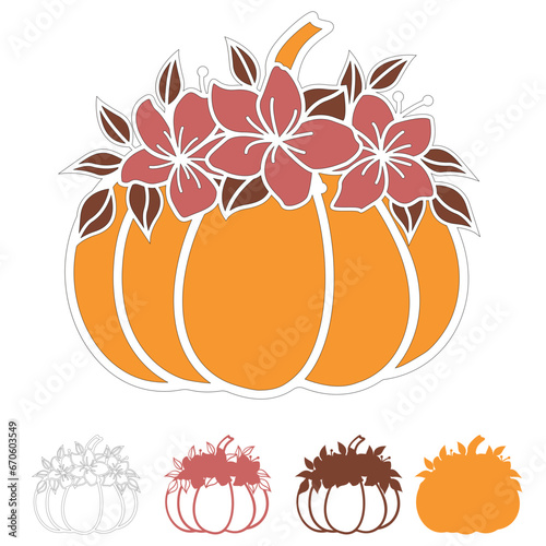 3d layered thanksgiving pumpkin with flowers svg, Papercut template, Fall autumn decoration