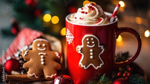 Cup of hot chocolate with marshmallow, gingerbread man and christmas decoration on wooden background. Christmas Concept With Copy Space