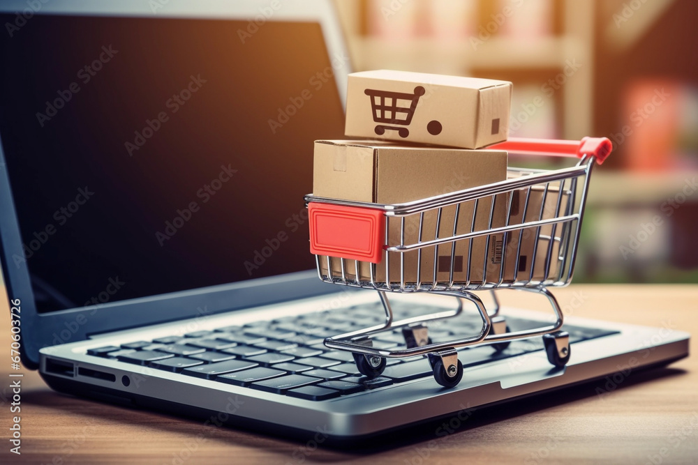shopping online computer with shopping cart.