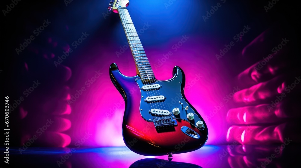 Obraz premium Electric guitar on neon lights background dark background, electric guitar
