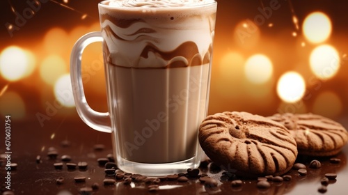 cup of cappuccino with chocolate cookies on bokeh background